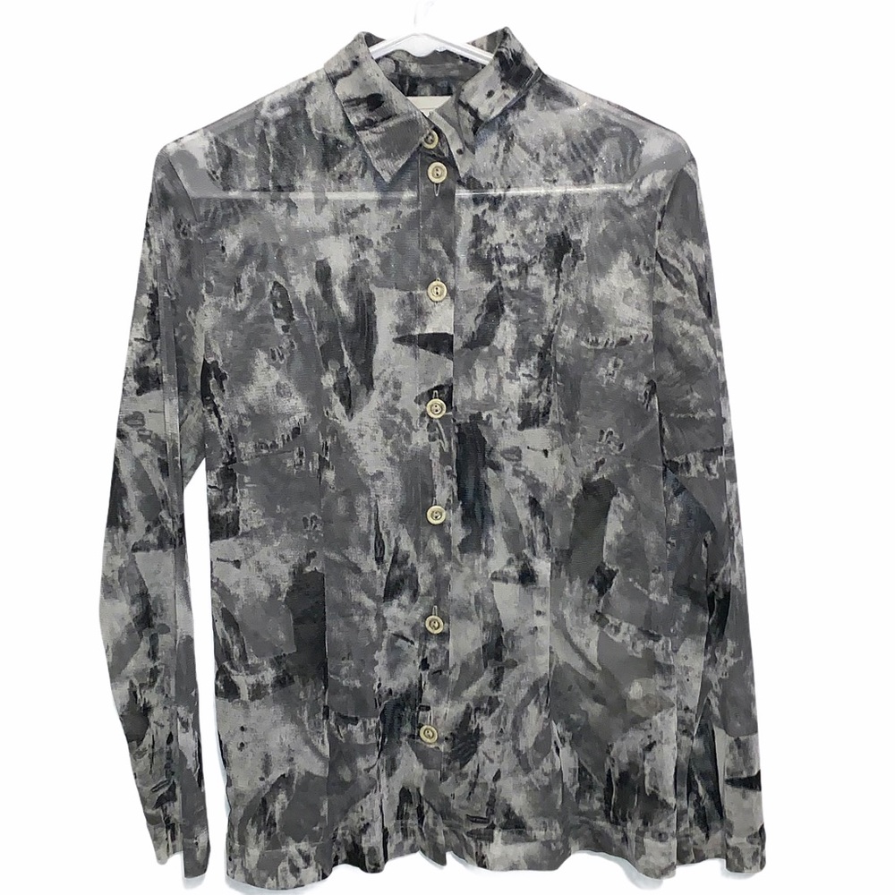Barisal Sheer Gray Black White Button Up Blouse 8